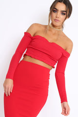 Red Ribbed Frill Bardot Crop Top - Cassidy-Crop Tops