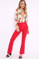 Red Ribbed Kick Flare Trousers - Chlo-Trousers