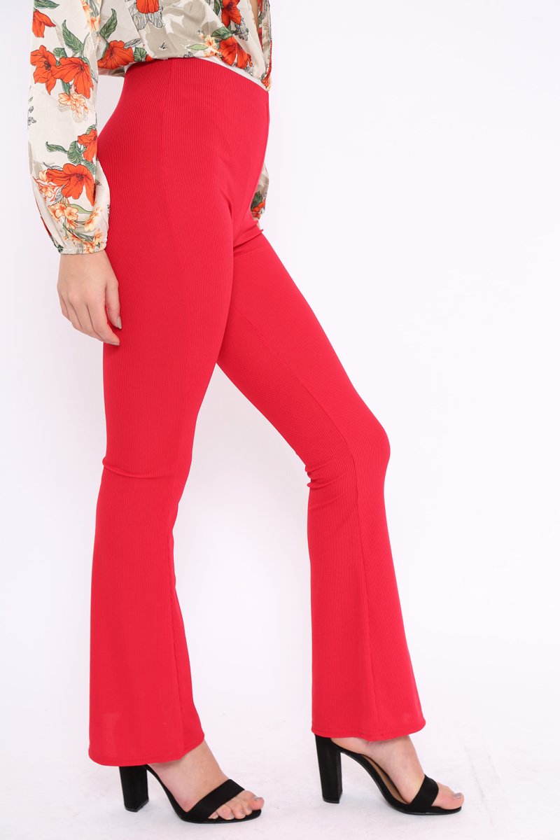 Red Ribbed Kick Flare Trousers - Chlo-Trousers