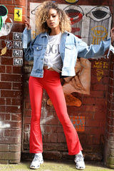 Red Ribbed Kick Flare Trousers - Chlo-Trousers