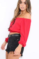 Red Ribbed Lace Up Bardot Crop Top - Sara-Crop Tops