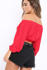 Red Ribbed Lace Up Bardot Crop Top - Sara-Crop Tops