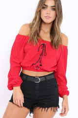 Red Ribbed Lace Up Bardot Crop Top - Sara-Crop Tops