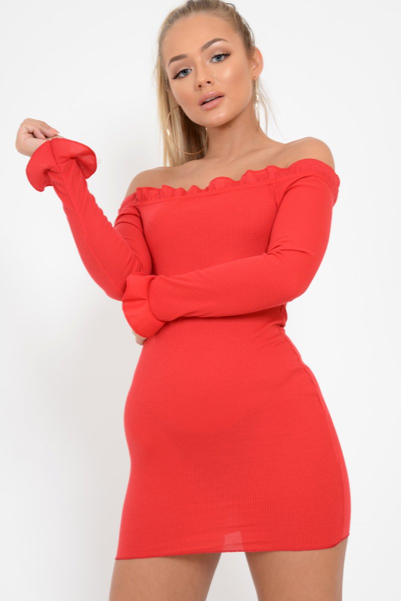 Red Ribbed Ruffle Long Sleeve Bardot Dress - Madison-Dresses