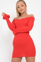 Red Ribbed Ruffle Long Sleeve Bardot Dress - Madison-Dresses