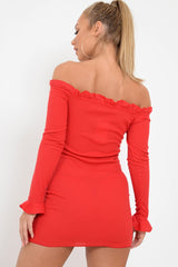 Red Ribbed Ruffle Long Sleeve Bardot Dress - Madison-Dresses