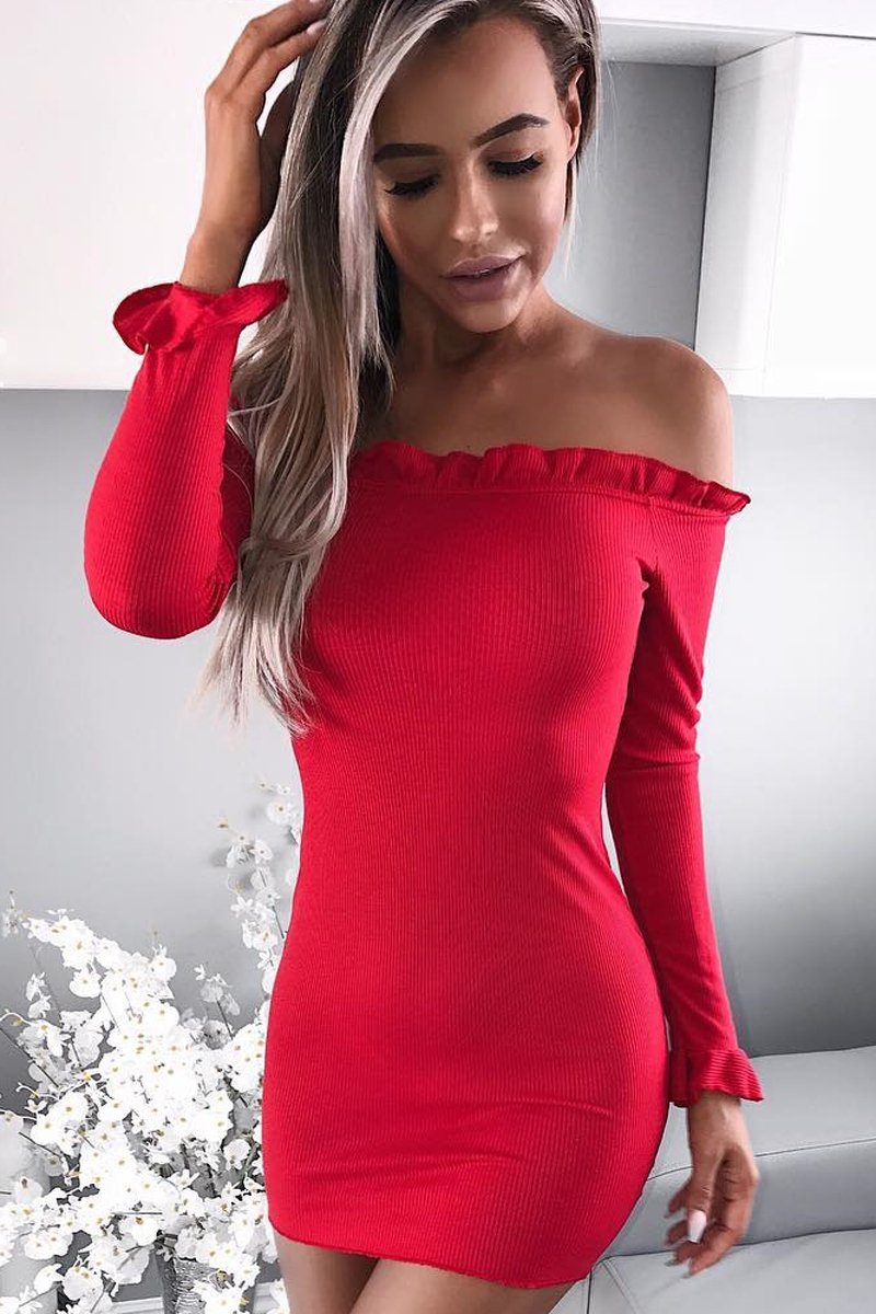 Red Ribbed Ruffle Long Sleeve Bardot Dress - Madison-Dresses