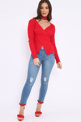 Red Ribbed Thin Knit Wrap Top - Jordi-Tops