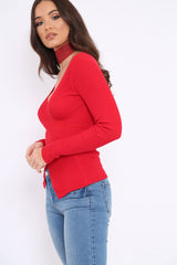Red Ribbed Thin Knit Wrap Top - Jordi-Tops