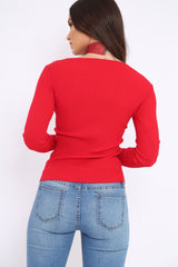 Red Ribbed Thin Knit Wrap Top - Jordi-Tops
