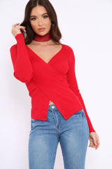 Red Ribbed Thin Knit Wrap Top - Jordi-Tops