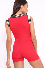 Red Ribbed Zip Front Sports Trim Playsuit - Lyah-Playsuits