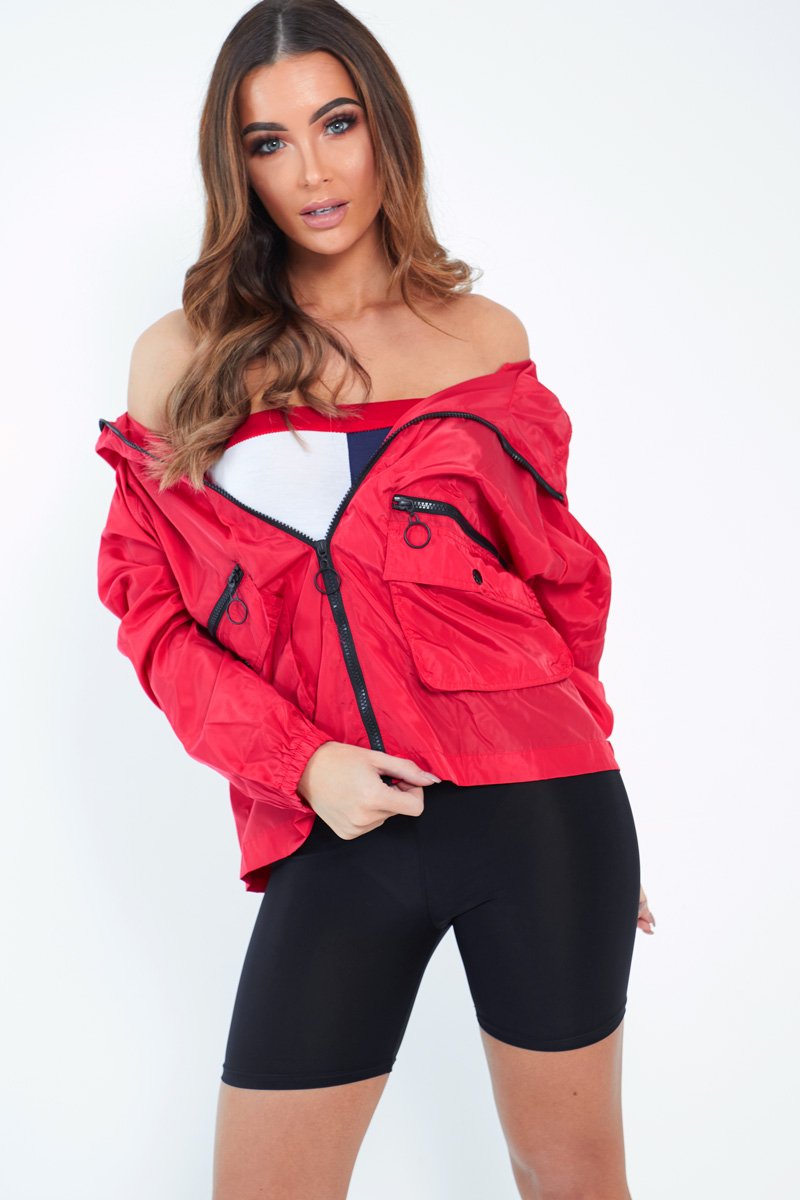 Red Ring Pull Zip Front Windbreaker Jacket - Tesla-Jackets