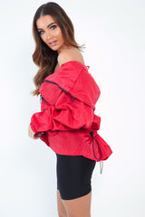 Red Ring Pull Zip Front Windbreaker Jacket - Tesla-Jackets