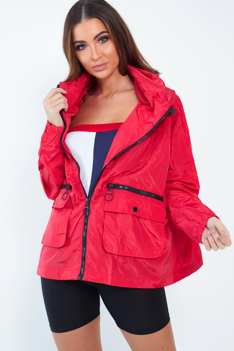 Red Ring Pull Zip Front Windbreaker Jacket - Tesla-Jackets