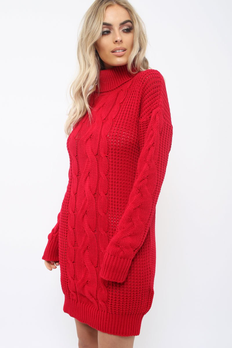 Red Roll Neck Cable Knit Jumper Dress - Dawn-Dresses