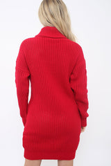 Red Roll Neck Cable Knit Jumper Dress - Dawn-Dresses