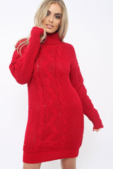 Red Roll Neck Cable Knit Jumper Dress - Dawn-Dresses