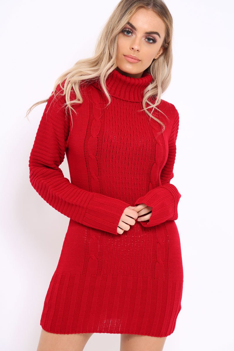 Red Roll Neck Chunky Knit Jumper Dress - Hydie Rebellious Fashion Red Roll Neck Chunky Knit Jumper Dress - Hydie Rebellious Fashion
