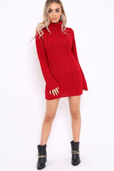 Red Roll Neck Chunky Knit Jumper Dress - Hydie-Dresses