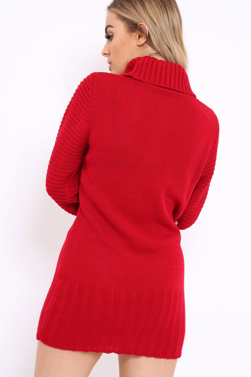 Red Roll Neck Chunky Knit Jumper Dress - Hydie-Dresses