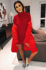 Red Roll Neck Chunky Knit Jumper Dress - Hydie-Dresses