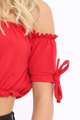 Red Ruched Bardot Gypsy Crop Top - Janette-Crop Tops