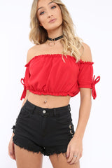Red Ruched Bardot Gypsy Crop Top - Janette-Crop Tops