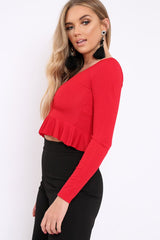 Red Ruched Front Ribbed Crop Top with Frill Hem - Samantha-Crop Tops