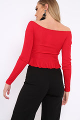 Red Ruched Front Ribbed Crop Top with Frill Hem - Samantha-Crop Tops