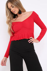 Red Ruched Front Ribbed Crop Top with Frill Hem - Samantha-Crop Tops