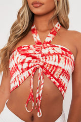 Red Ruched Tie Dye Tie Neck Crop Top - Joyce-Crop Tops