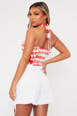 Red Ruched Tie Dye Tie Neck Crop Top - Joyce-Crop Tops
