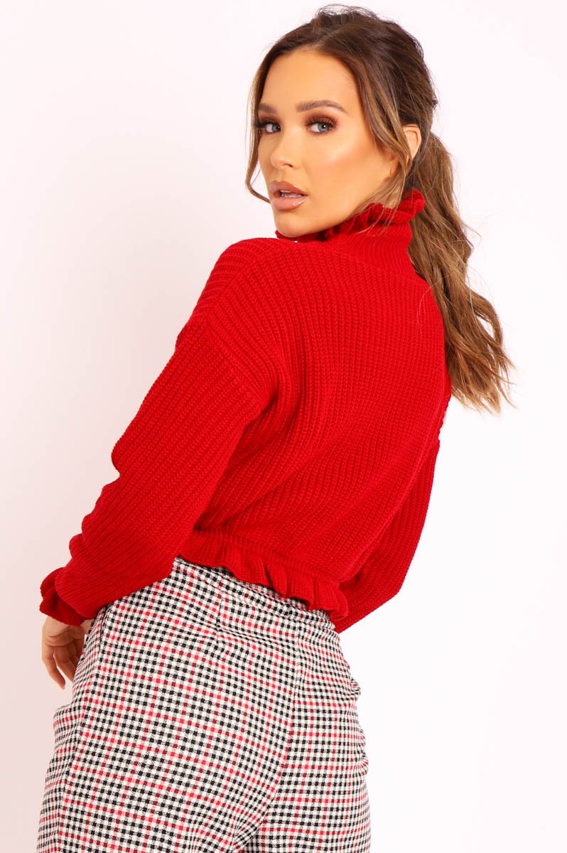 Red Ruffle Hem Chunky Knit Crop Jumper - Alannah-Crop Jumper