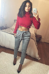 Red Ruffle Hem Chunky Knit Crop Jumper - Alannah-Crop Jumper