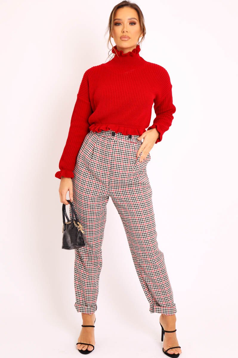 Red Ruffle Hem Chunky Knit Crop Jumper - Alannah-Crop Jumper