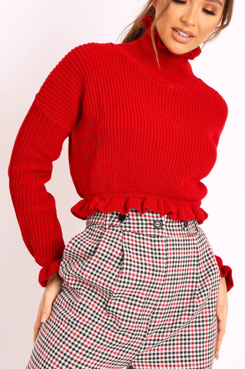 Red Ruffle Hem Chunky Knit Crop Jumper - Alannah-Crop Jumper
