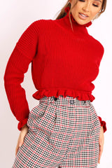 Red Ruffle Hem Chunky Knit Crop Jumper - Alannah-Crop Jumper