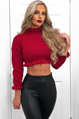 Red Ruffle Hem Chunky Knit Crop Jumper - Alannah-Crop Jumper