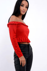 Red Ruffle Hem Ribbed Bardot Crop Top - Kaitlyn-Crop Tops
