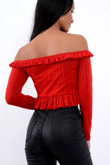 Red Ruffle Hem Ribbed Bardot Crop Top - Kaitlyn-Crop Tops