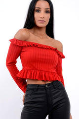 Red Ruffle Hem Ribbed Bardot Crop Top - Kaitlyn-Crop Tops