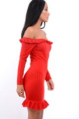 Red Ruffle Hem Ribbed Bardot Mini Dress - Destiny-Dresses