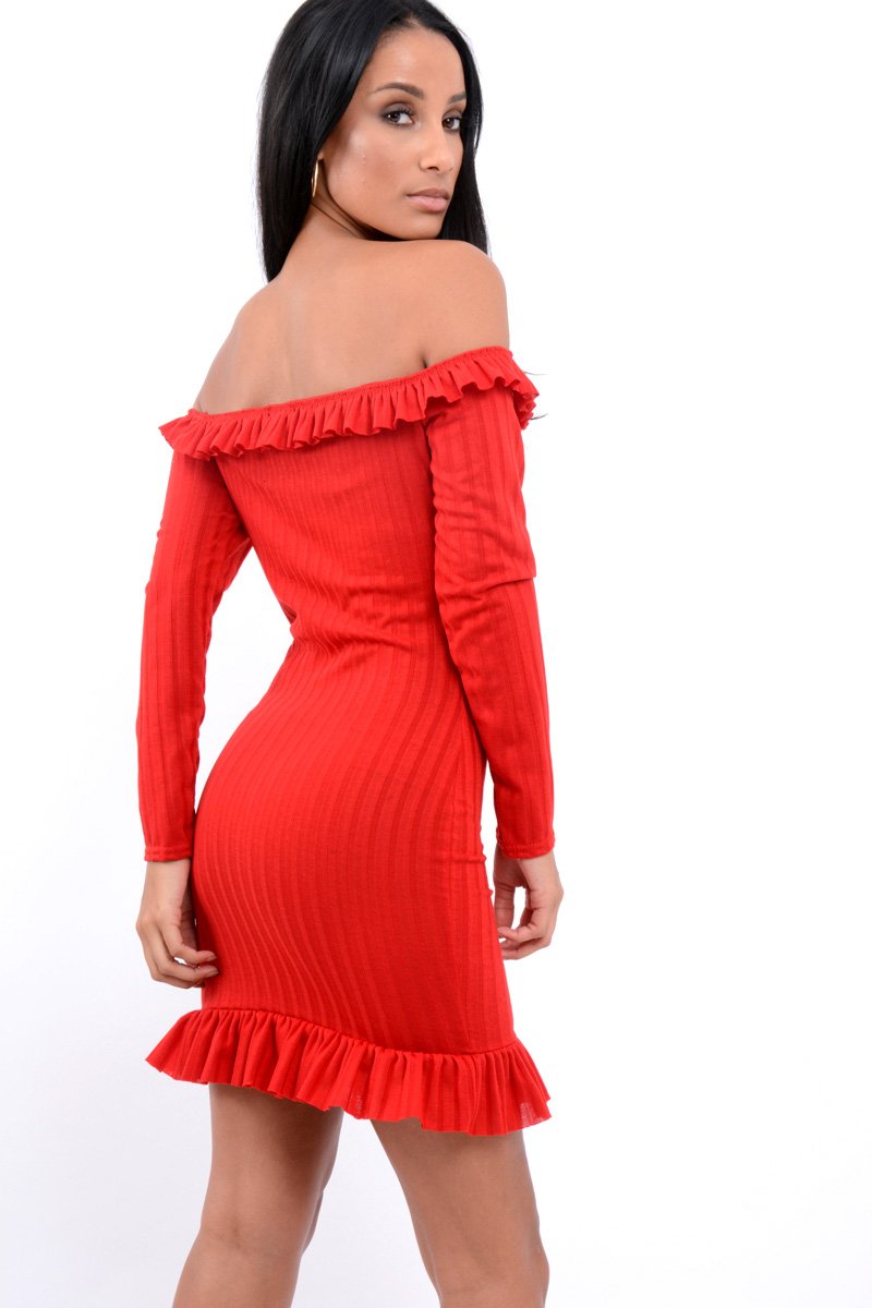 Red Ruffle Hem Ribbed Bardot Mini Dress - Destiny-Dresses