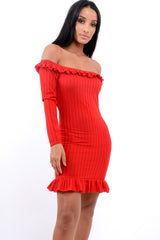 Red Ruffle Hem Ribbed Bardot Mini Dress - Destiny-Dresses