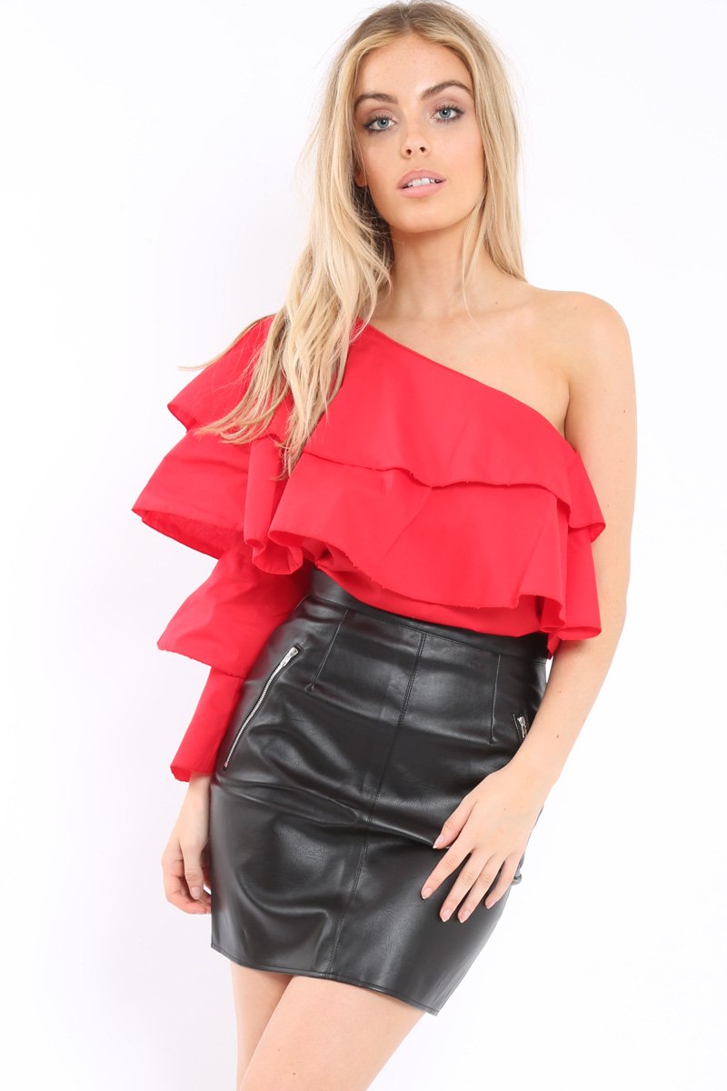 Red Ruffle One Sleeve Top - Sierra-Tops