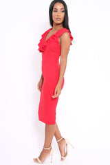 Red Ruffle Plunge Neck Dress - Damara-Dresses