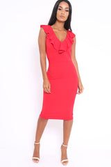 Red Ruffle Plunge Neck Dress - Damara-Dresses
