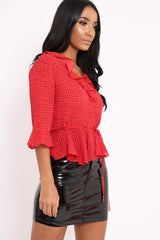 Red Ruffle Polka Dot Blouse - Cassie-Tops