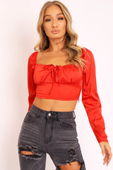 Red Satin Bow Front Milkmaid Crop Top - Elsy-Crop Tops